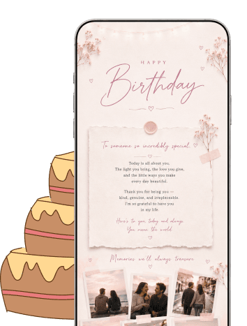 A page shown on a phone next to an illustrated cake